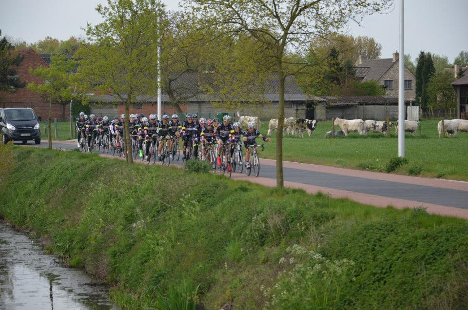 Wielerpeloton rijdt door landelijk dorpsgebied tijdens Ronde van Vlaanderen wielerwedstrijd in de Vlaamse Ardennen