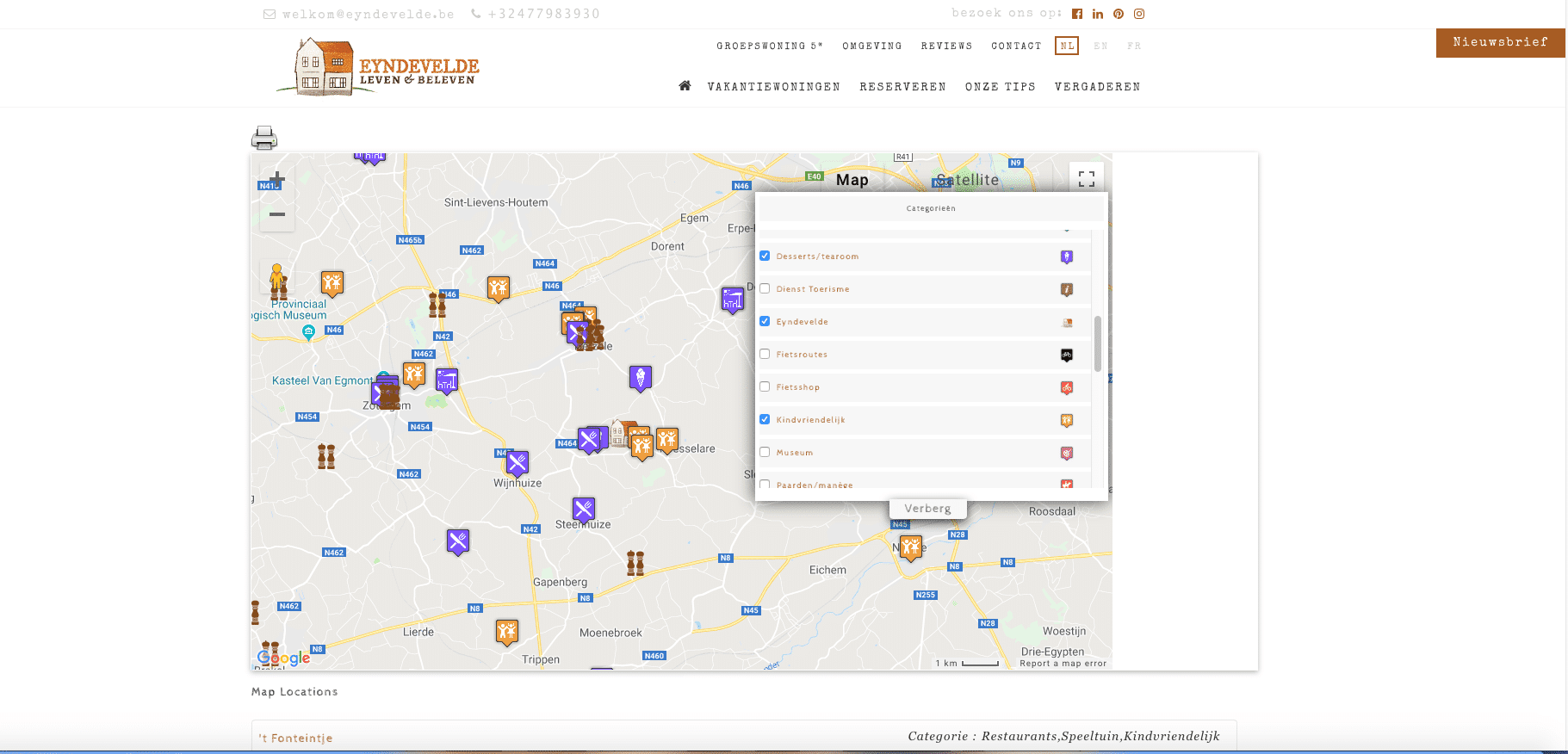 Interactieve kaart van de Vlaamse Ardennen met categorieën voor restaurants, bezienswaardigheden en kindvriendelijke locaties