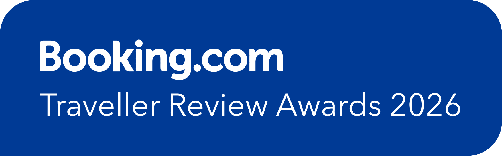 Booking.com Traveller Review Awards 2026 logo op blauwe achtergrond