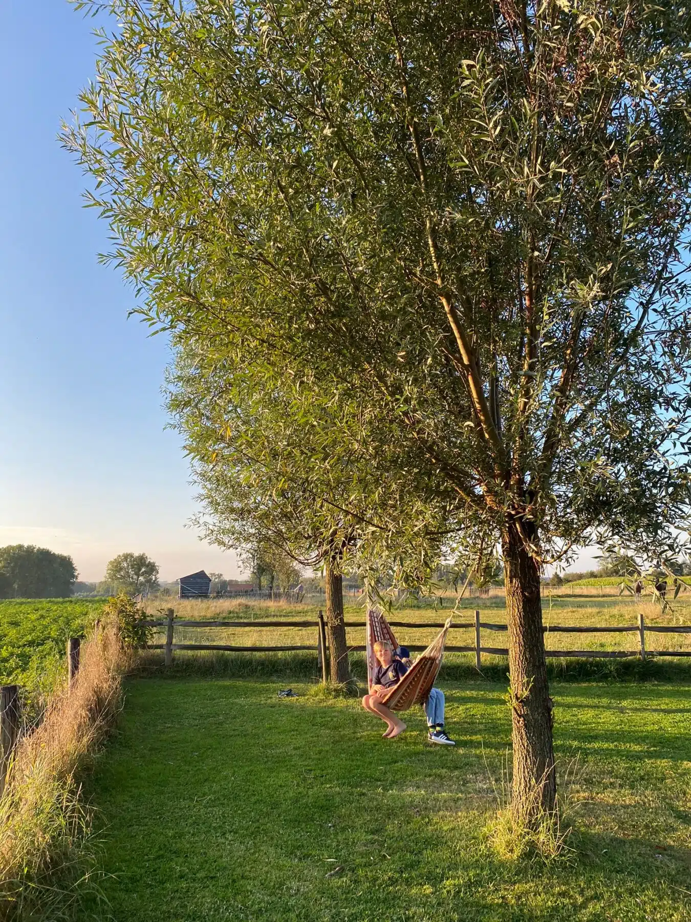 Relaxen in hangmat tussen bomen in de tuin van vakantiewoning Eyndevelde in de Vlaamse Ardennen