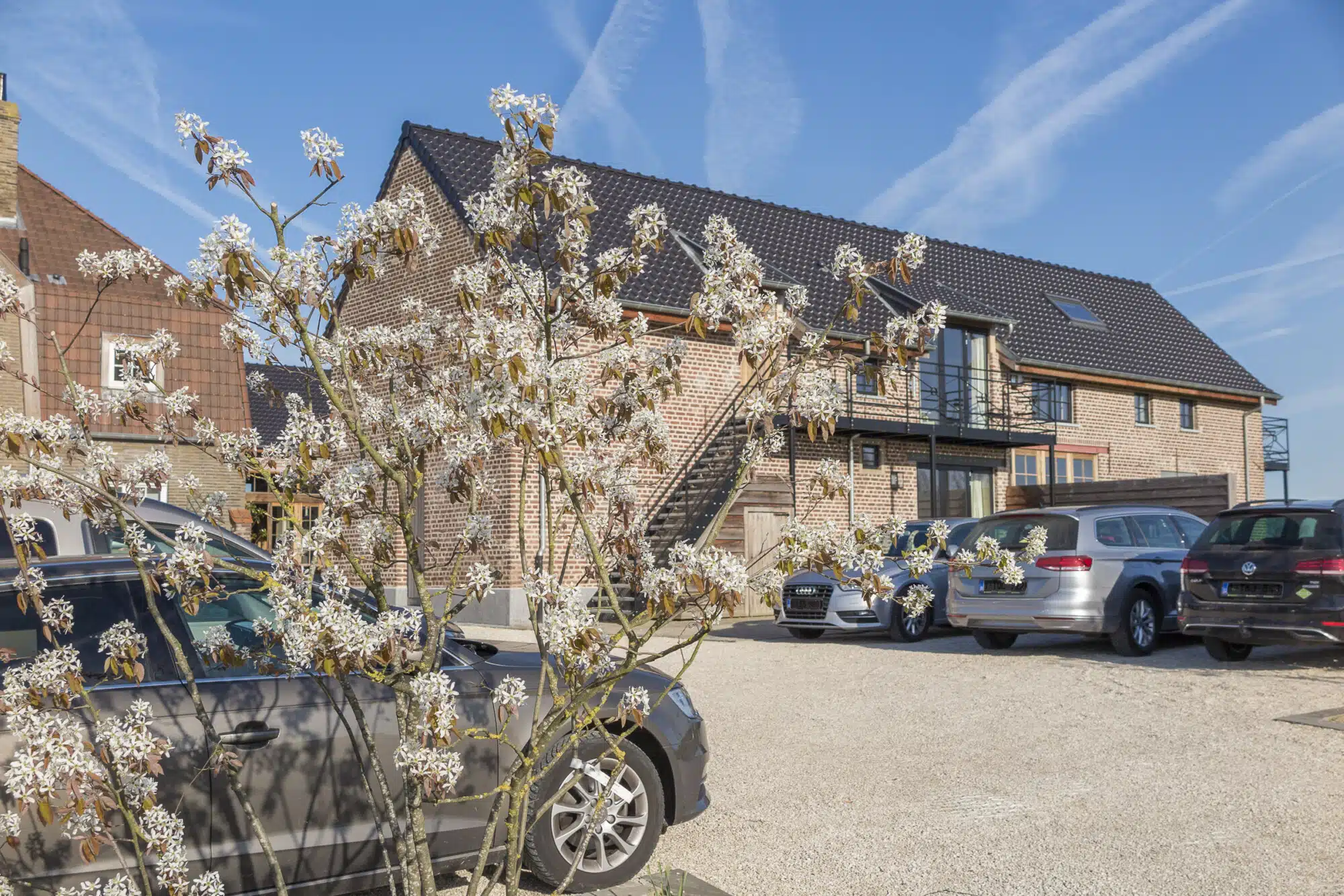 Eyndevelde vakantiewoning in de Vlaamse Ardennen met bloeiende boom en parkeerplaats in de lente