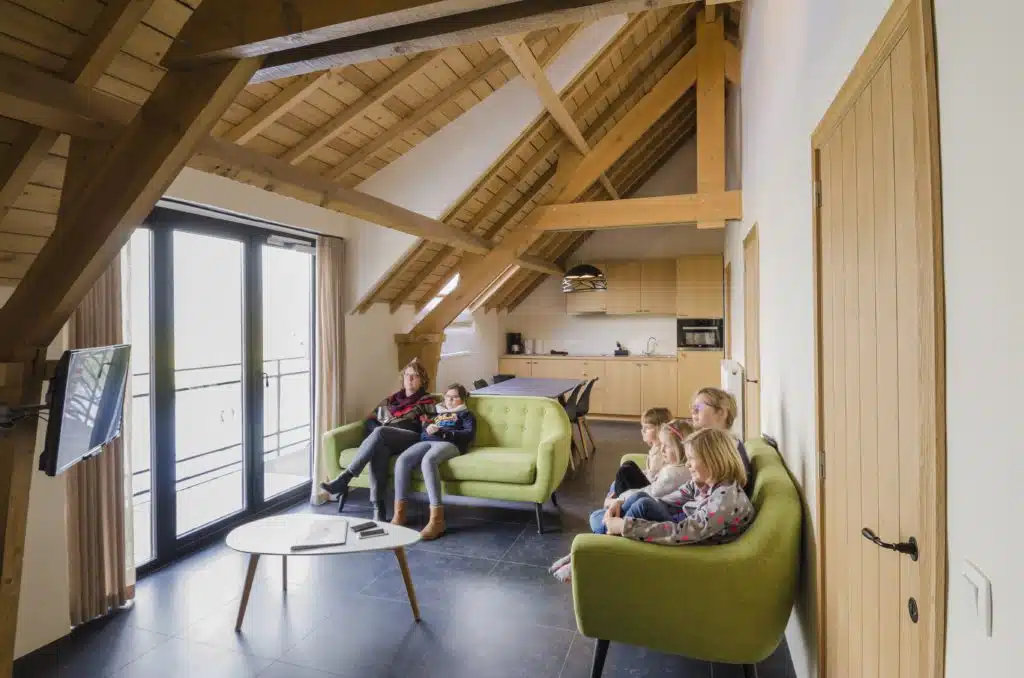Gezellige woonkamer met groene fauteuils, houten balken en keuken in Eyndevelde vakantiewoning