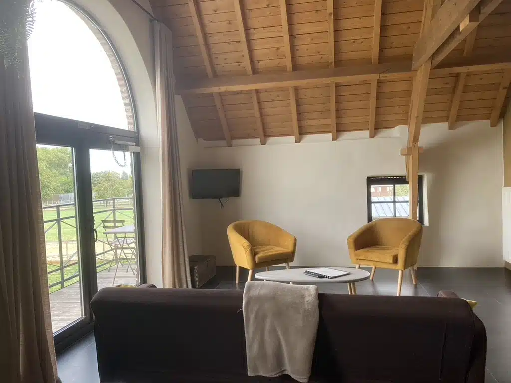 Gezellige woonruimte bij Eyndevelde met houten dakgebinte, gele fauteuils, grote boogvensters en uitzicht op groene omgeving
