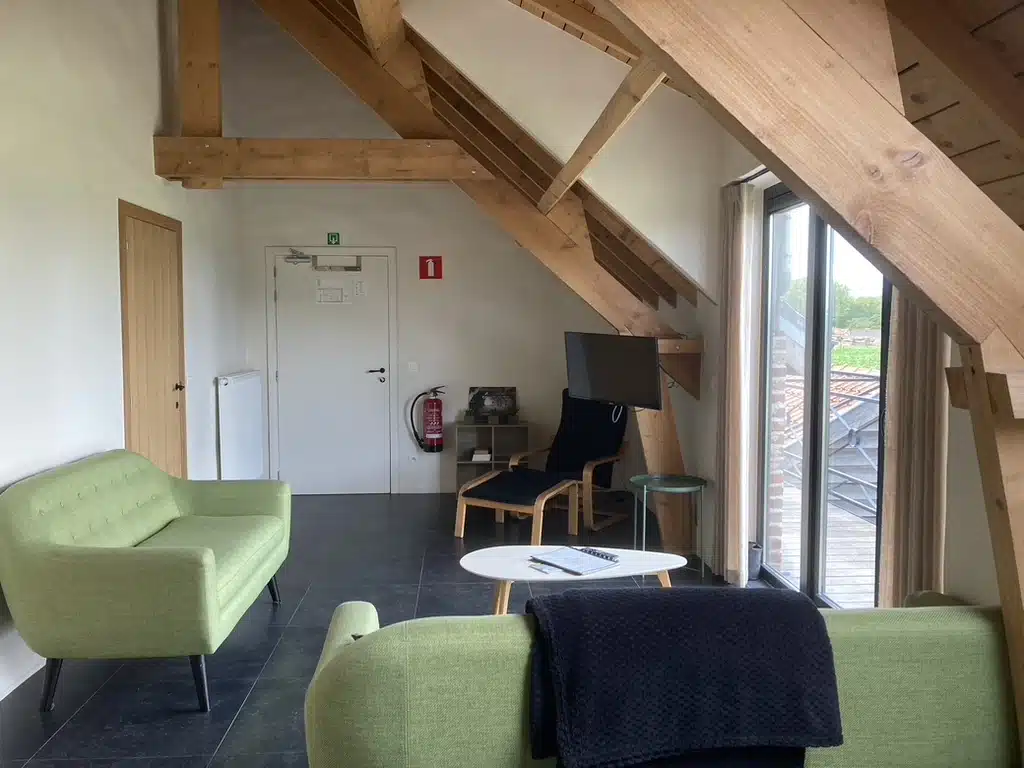 Gezellige zithoek met groene sofa's, houten dakbalken en grote raampartij bij Eyndevelde, vakantieverblijf met tv en open uit
