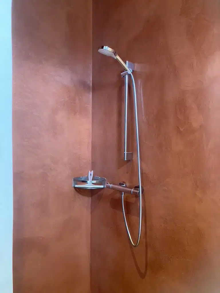 Luxe inloopdouche met chromen handdoucheset op glijstang en terracotta microcement wanden bij Eyndevelde