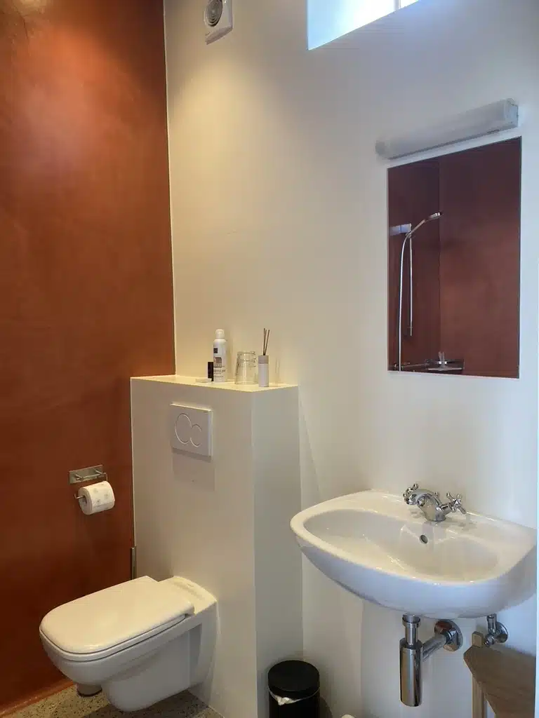 Moderne badkamer bij Eyndevelde met wit wandtoilet, wastafel, terracotta muurafwerking en spiegel met verlichting