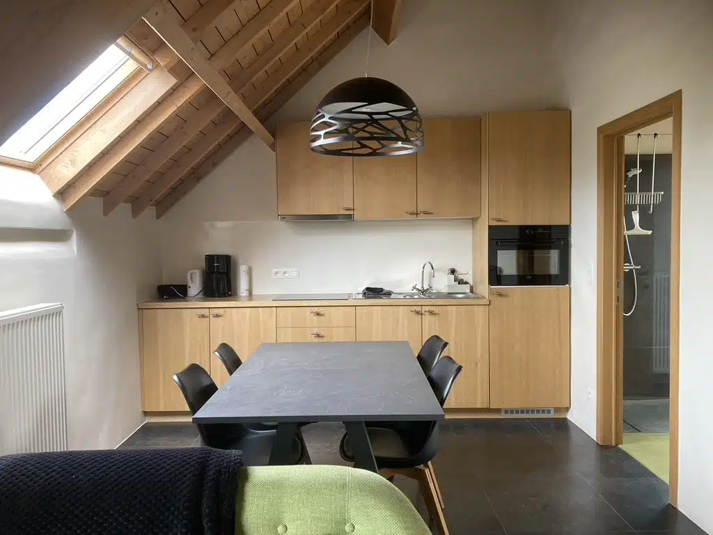 Moderne keuken met houten kasten, zwarte eettafel met stoelen en dakraam in vakantieverblijf Eyndevelde
